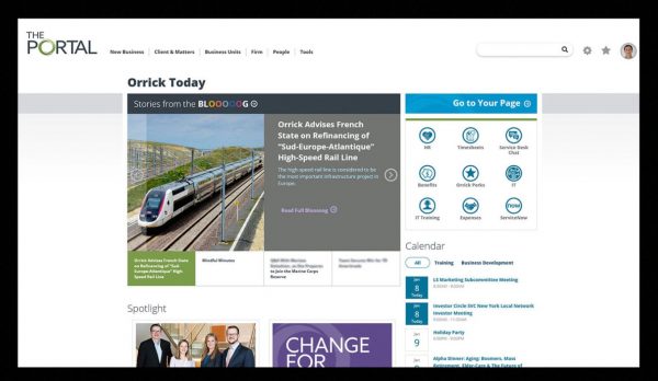 Screenshot of Orrick intranet homepage